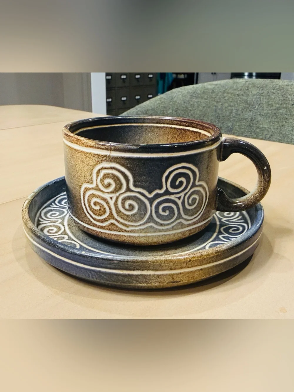 Vintage Brown and Blue Swirl Pottery Cup and Saucer Set - Picture 2 of 4